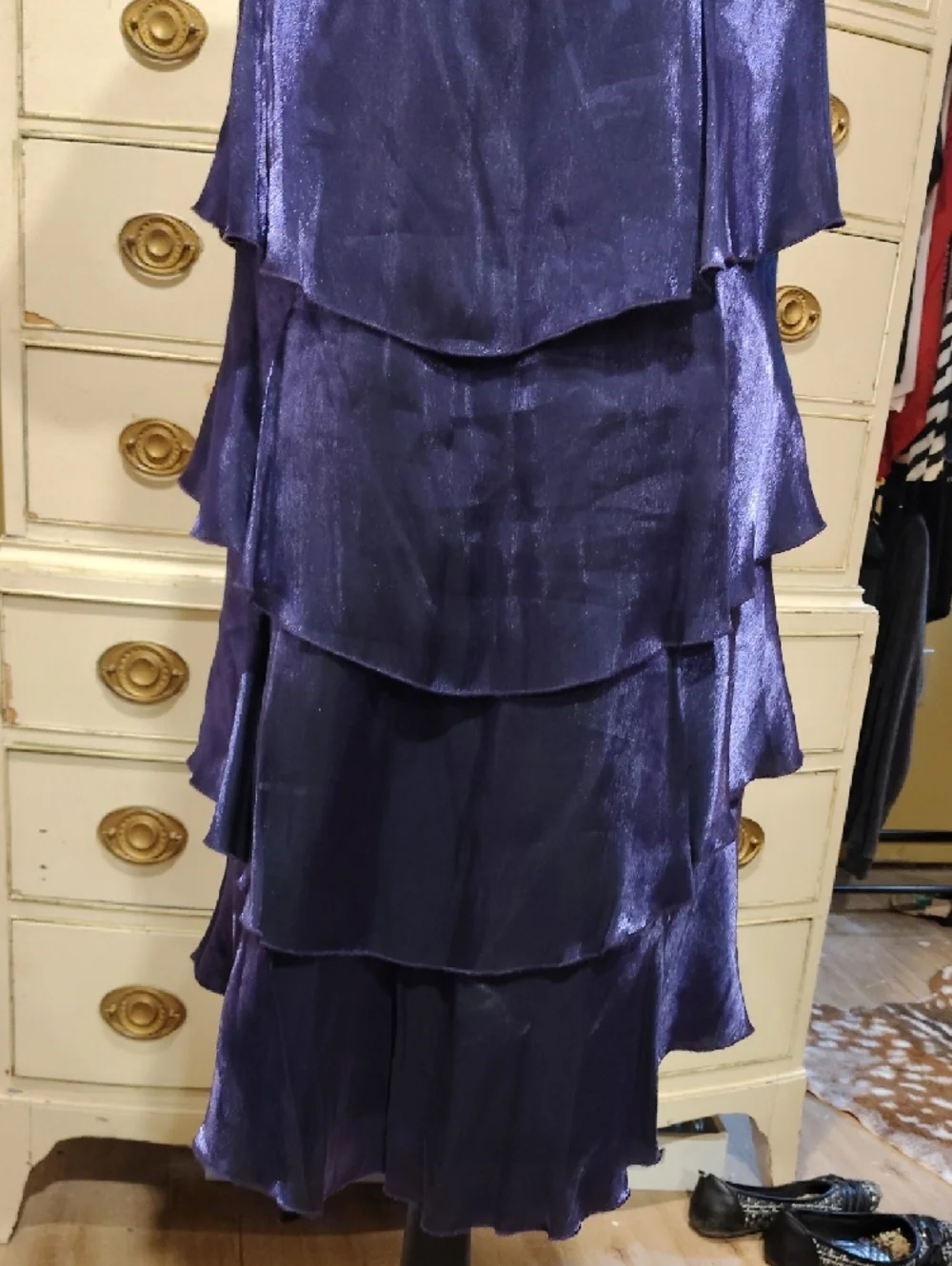 Vintage 80s Irredescent Shoulder Pads Shimmering Violet Tiered Ruffle Dress - Picture 3 of 11